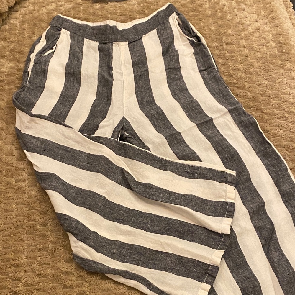 Striped Linen Wide Leg Pants - black and cream